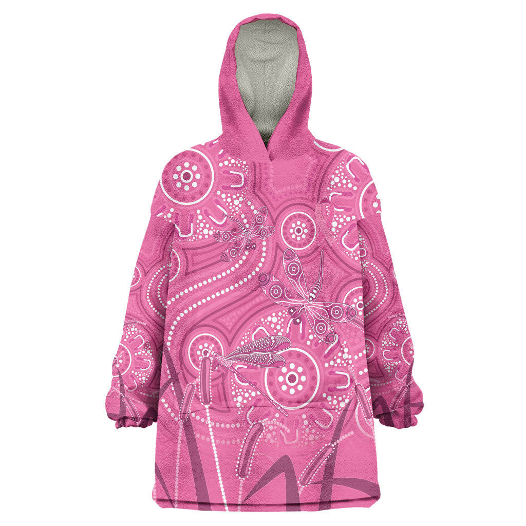 Australia Indigenous Pink Month Wearable Blanket Hoodie Breast Cancer Aboriginal Dragonflies Ribbon