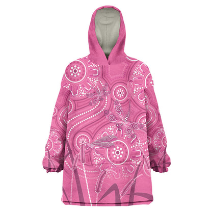 Australia Indigenous Pink Month Wearable Blanket Hoodie Breast Cancer Aboriginal Dragonflies Ribbon