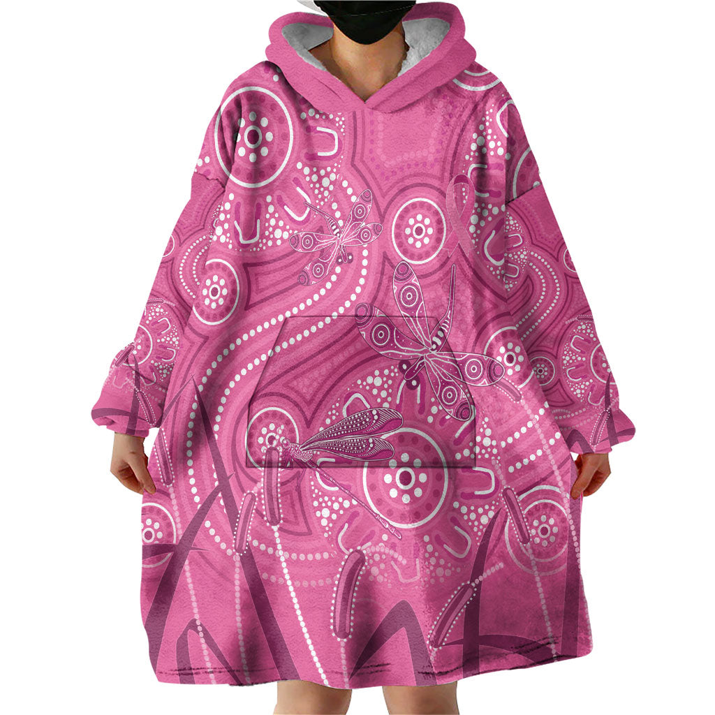 Australia Indigenous Pink Month Wearable Blanket Hoodie Breast Cancer Aboriginal Dragonflies Ribbon