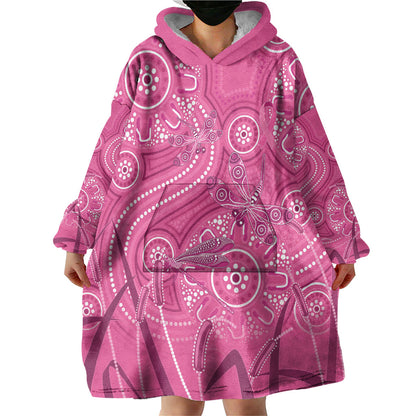 Australia Indigenous Pink Month Wearable Blanket Hoodie Breast Cancer Aboriginal Dragonflies Ribbon