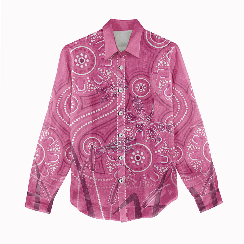 Australia Indigenous Pink Month Women Casual Shirt Breast Cancer Aboriginal Dragonflies Ribbon