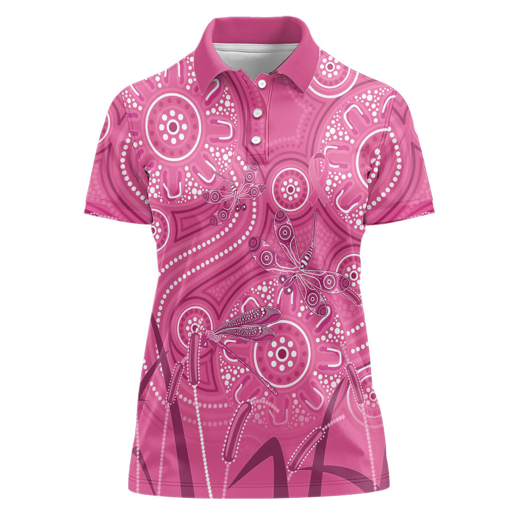 Australia Indigenous Pink Month Women Polo Shirt Breast Cancer Aboriginal Dragonflies Ribbon