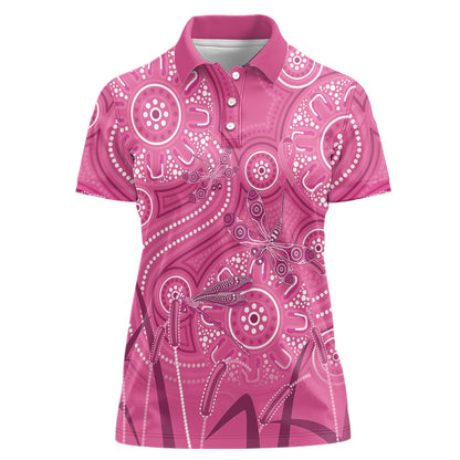 Australia Indigenous Pink Month Women Polo Shirt Breast Cancer Aboriginal Dragonflies Ribbon