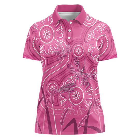 Australia Indigenous Pink Month Women Polo Shirt Breast Cancer Aboriginal Dragonflies Ribbon