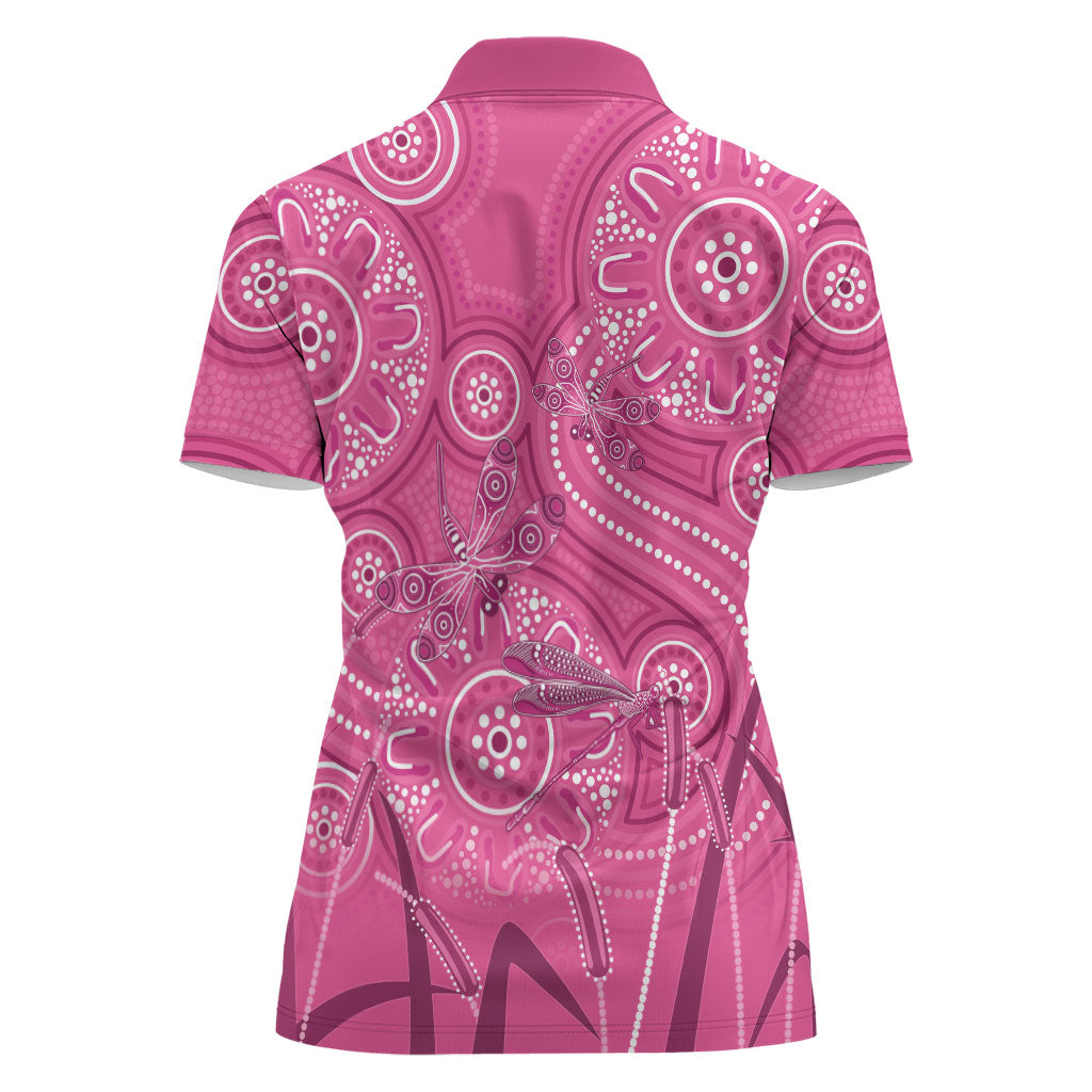 Australia Indigenous Pink Month Women Polo Shirt Breast Cancer Aboriginal Dragonflies Ribbon