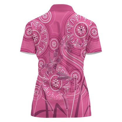 Australia Indigenous Pink Month Women Polo Shirt Breast Cancer Aboriginal Dragonflies Ribbon