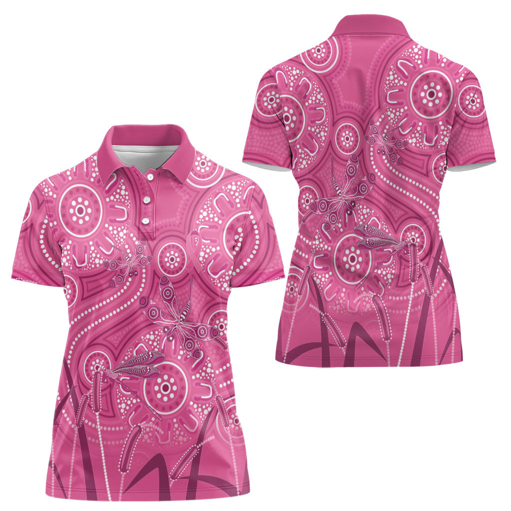 Australia Indigenous Pink Month Women Polo Shirt Breast Cancer Aboriginal Dragonflies Ribbon