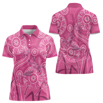 Australia Indigenous Pink Month Women Polo Shirt Breast Cancer Aboriginal Dragonflies Ribbon