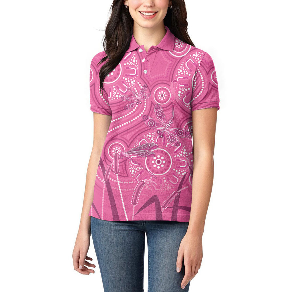 Australia Indigenous Pink Month Women Polo Shirt Breast Cancer Aboriginal Dragonflies Ribbon