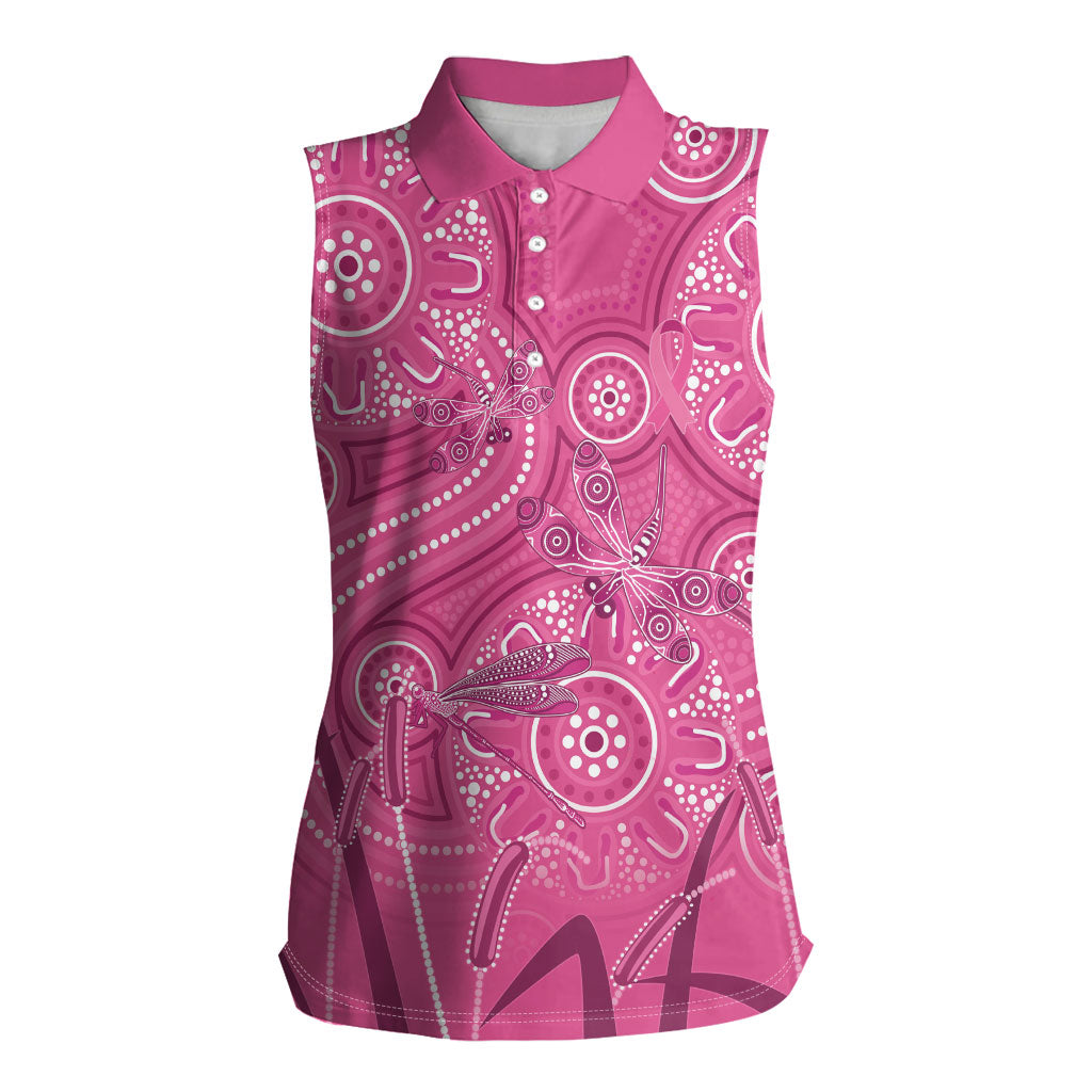 Australia Indigenous Pink Month Women Sleeveless Polo Shirt Breast Cancer Aboriginal Dragonflies Ribbon