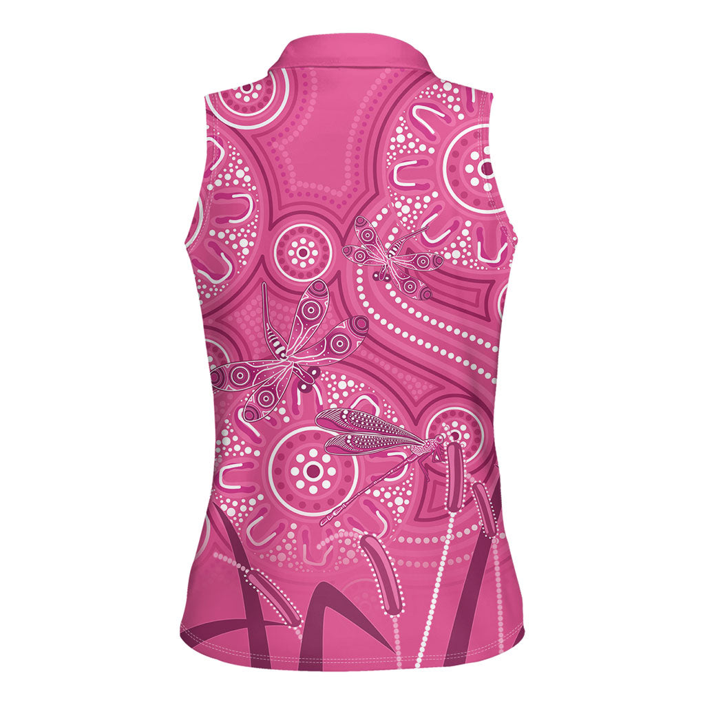 Australia Indigenous Pink Month Women Sleeveless Polo Shirt Breast Cancer Aboriginal Dragonflies Ribbon