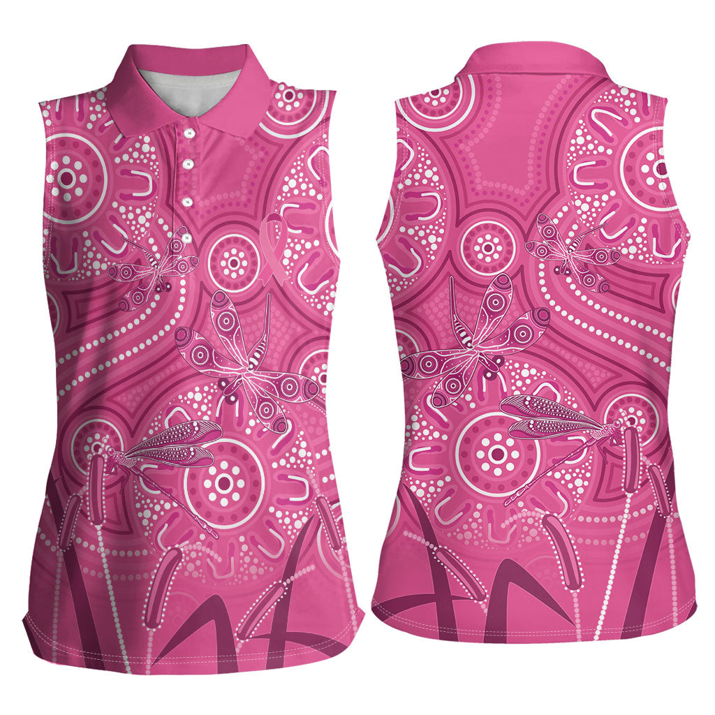 Australia Indigenous Pink Month Women Sleeveless Polo Shirt Breast Cancer Aboriginal Dragonflies Ribbon