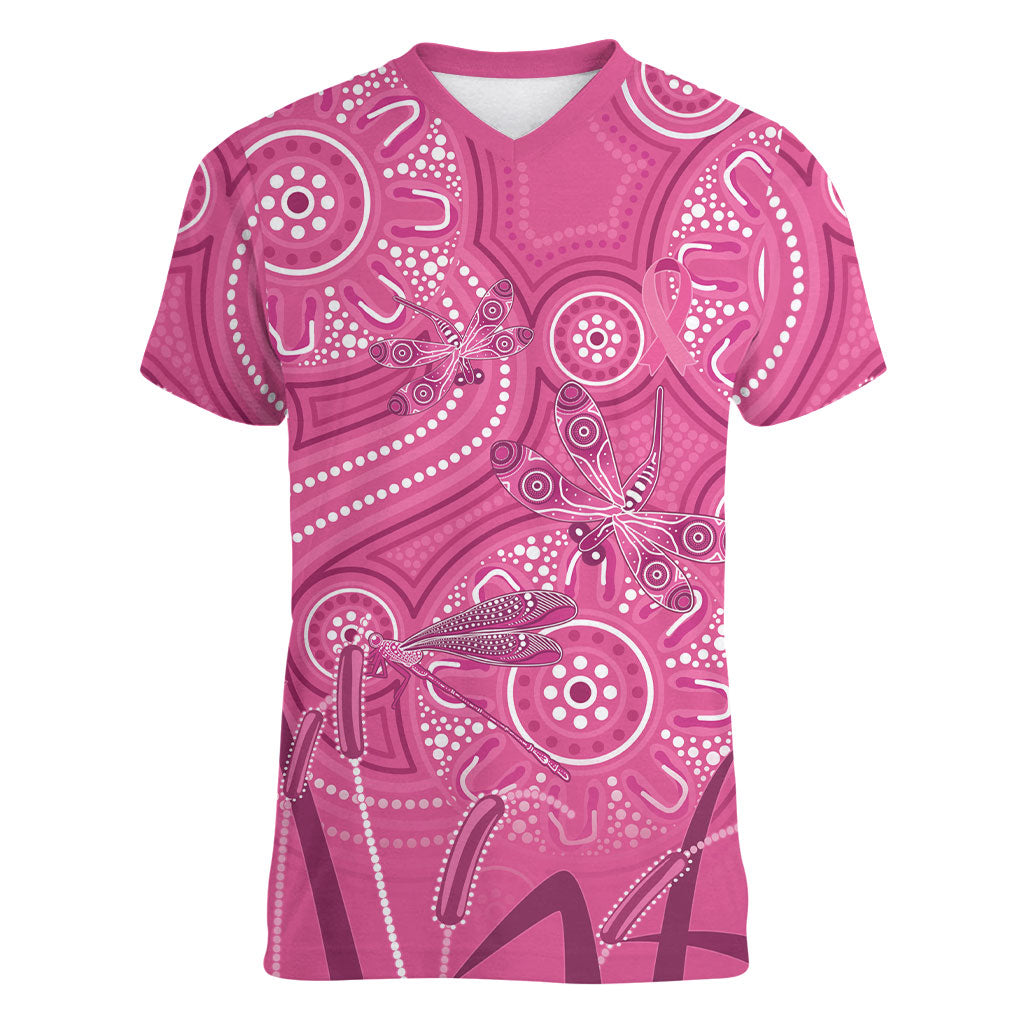 Australia Indigenous Pink Month Women V-Neck T-Shirt Breast Cancer Aboriginal Dragonflies Ribbon