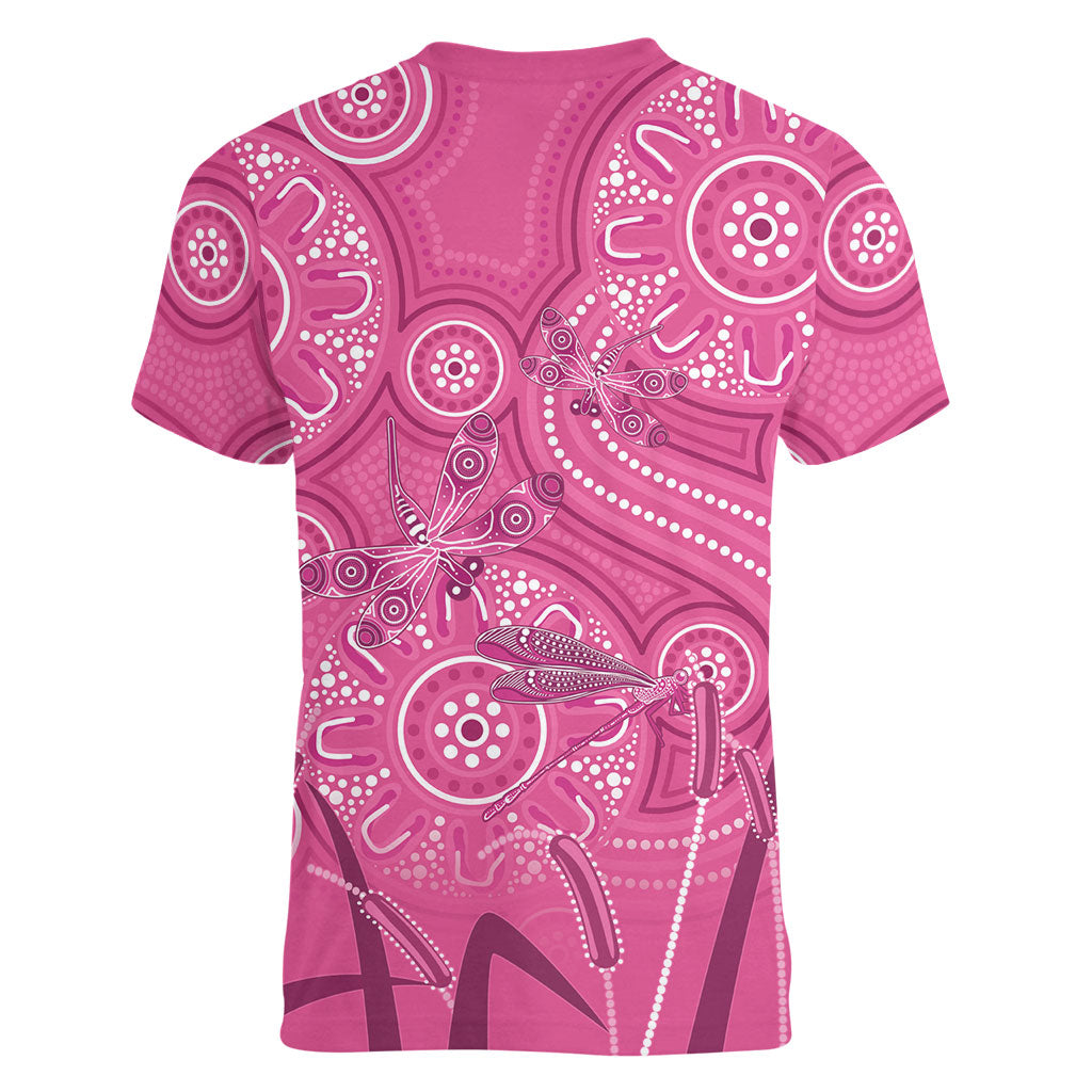 Australia Indigenous Pink Month Women V-Neck T-Shirt Breast Cancer Aboriginal Dragonflies Ribbon