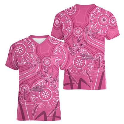 Australia Indigenous Pink Month Women V-Neck T-Shirt Breast Cancer Aboriginal Dragonflies Ribbon
