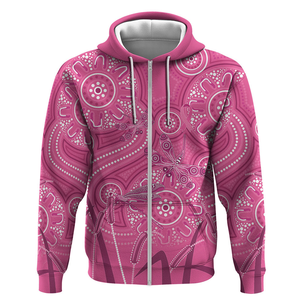 Australia Indigenous Pink Month Zip Hoodie Breast Cancer Aboriginal Dragonflies Ribbon
