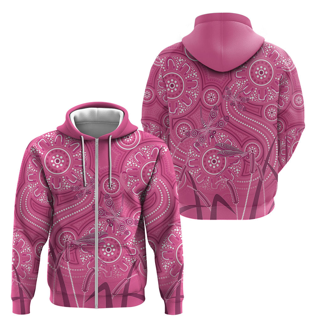 Australia Indigenous Pink Month Zip Hoodie Breast Cancer Aboriginal Dragonflies Ribbon