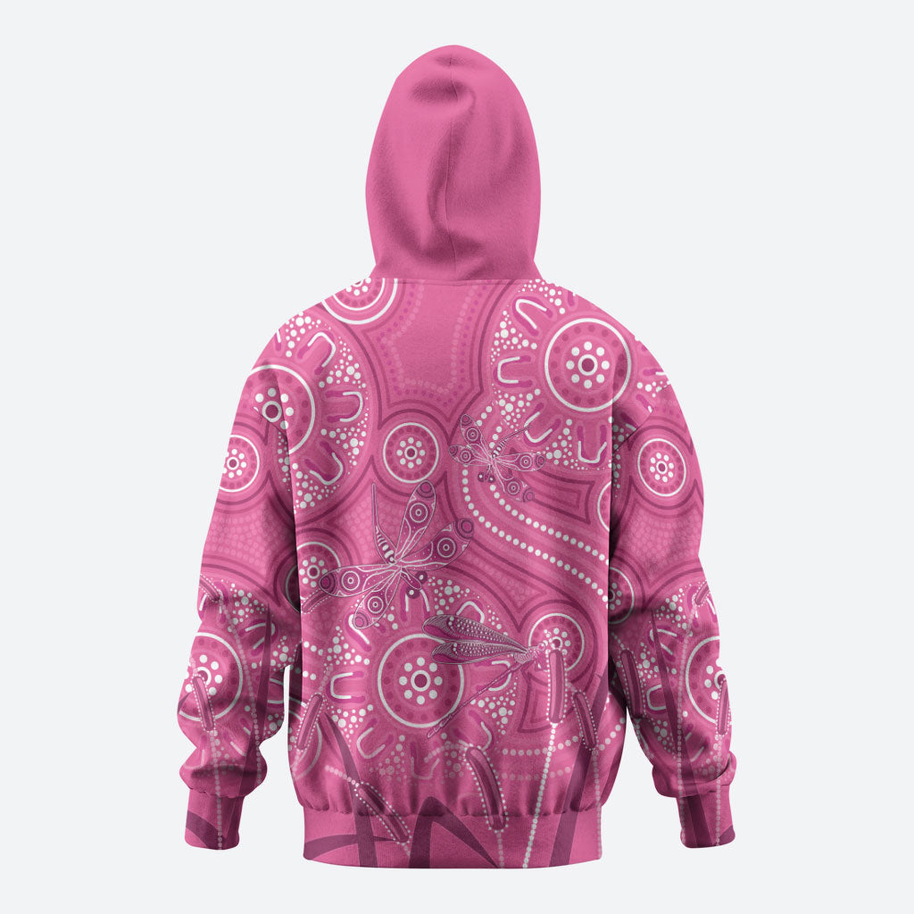 Australia Indigenous Pink Month Zip Hoodie Breast Cancer Aboriginal Dragonflies Ribbon