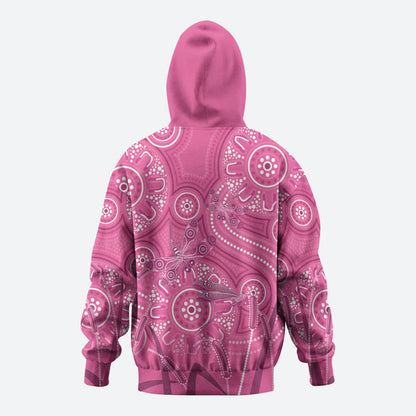 Australia Indigenous Pink Month Zip Hoodie Breast Cancer Aboriginal Dragonflies Ribbon