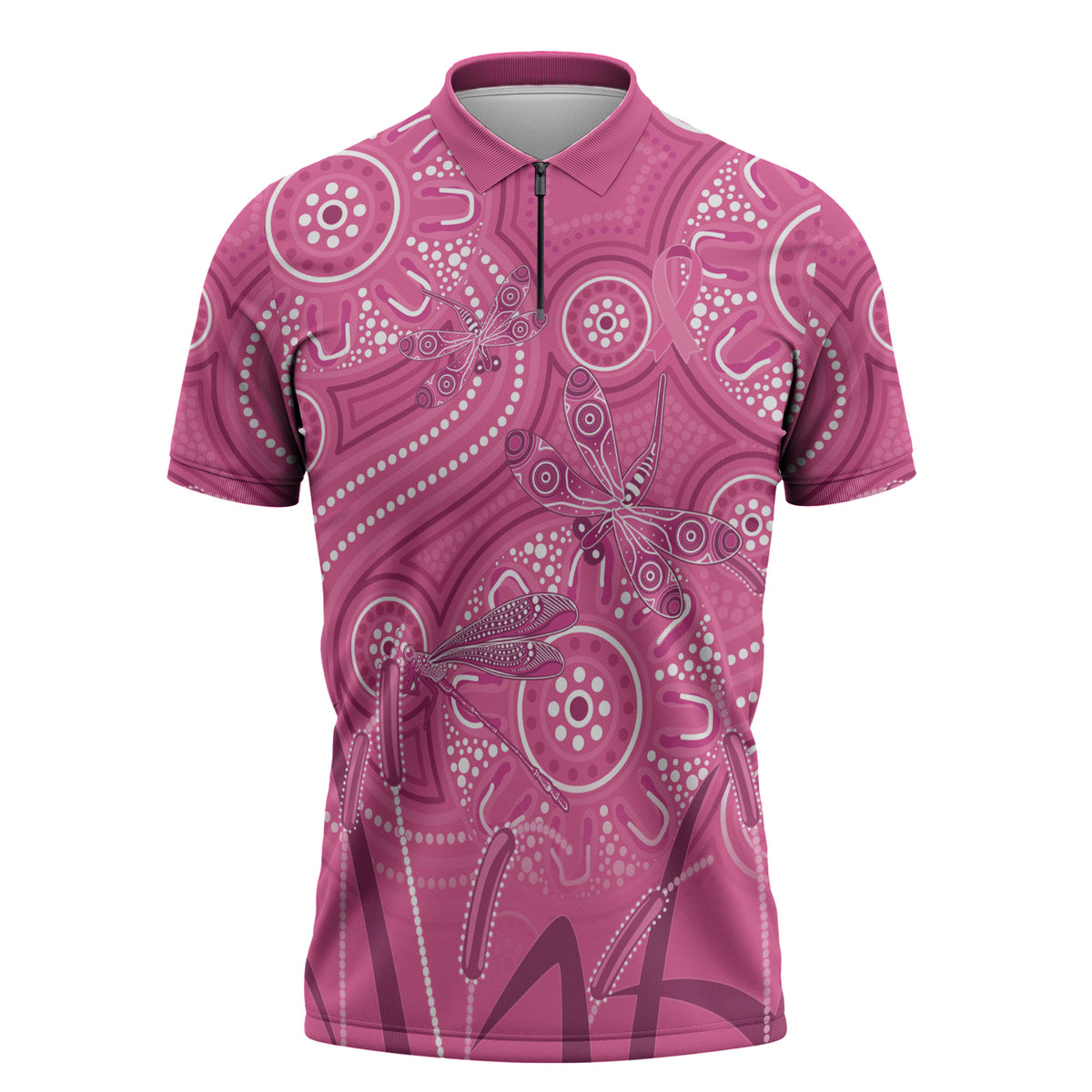 Australia Indigenous Pink Month Zipper Polo Shirt Breast Cancer Aboriginal Dragonflies Ribbon