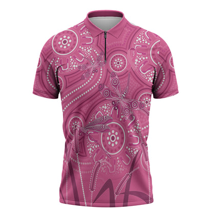 Australia Indigenous Pink Month Zipper Polo Shirt Breast Cancer Aboriginal Dragonflies Ribbon
