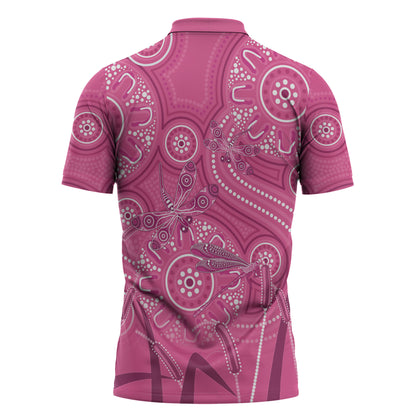 Australia Indigenous Pink Month Zipper Polo Shirt Breast Cancer Aboriginal Dragonflies Ribbon