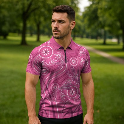 Australia Indigenous Pink Month Zipper Polo Shirt Breast Cancer Aboriginal Dragonflies Ribbon