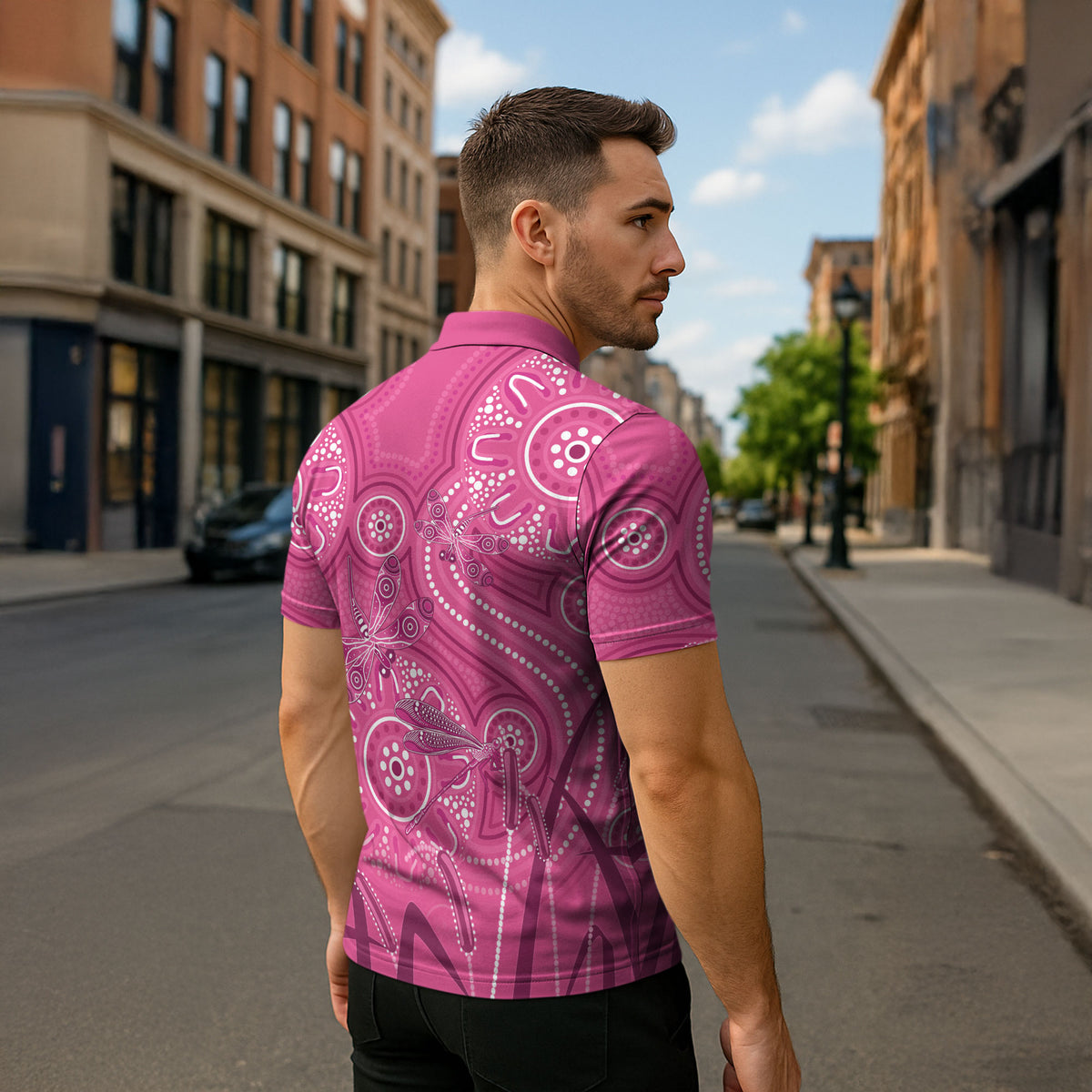 Australia Indigenous Pink Month Zipper Polo Shirt Breast Cancer Aboriginal Dragonflies Ribbon