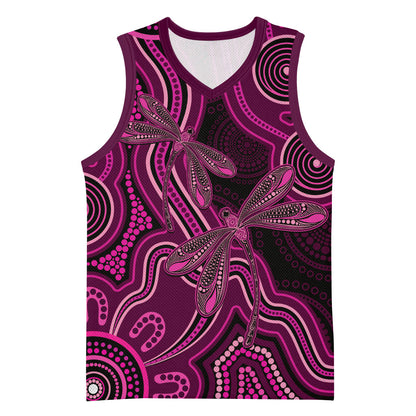 Australia Breast Cancer Support Basketball Jersey Pink Dragonflies Aboriginal Art