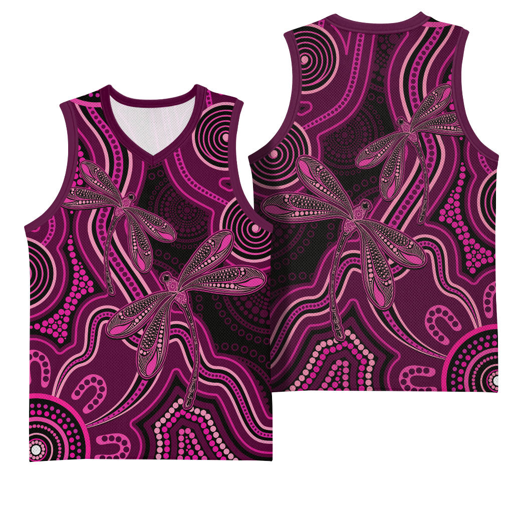 Australia Breast Cancer Support Basketball Jersey Pink Dragonflies Aboriginal Art