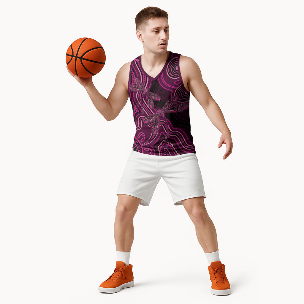 Australia Breast Cancer Support Basketball Jersey Pink Dragonflies Aboriginal Art