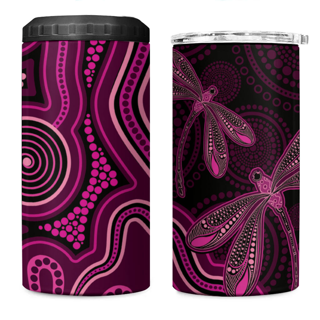 Australia Breast Cancer Support 4 in 1 Can Cooler Tumbler Pink Dragonflies Aboriginal Art