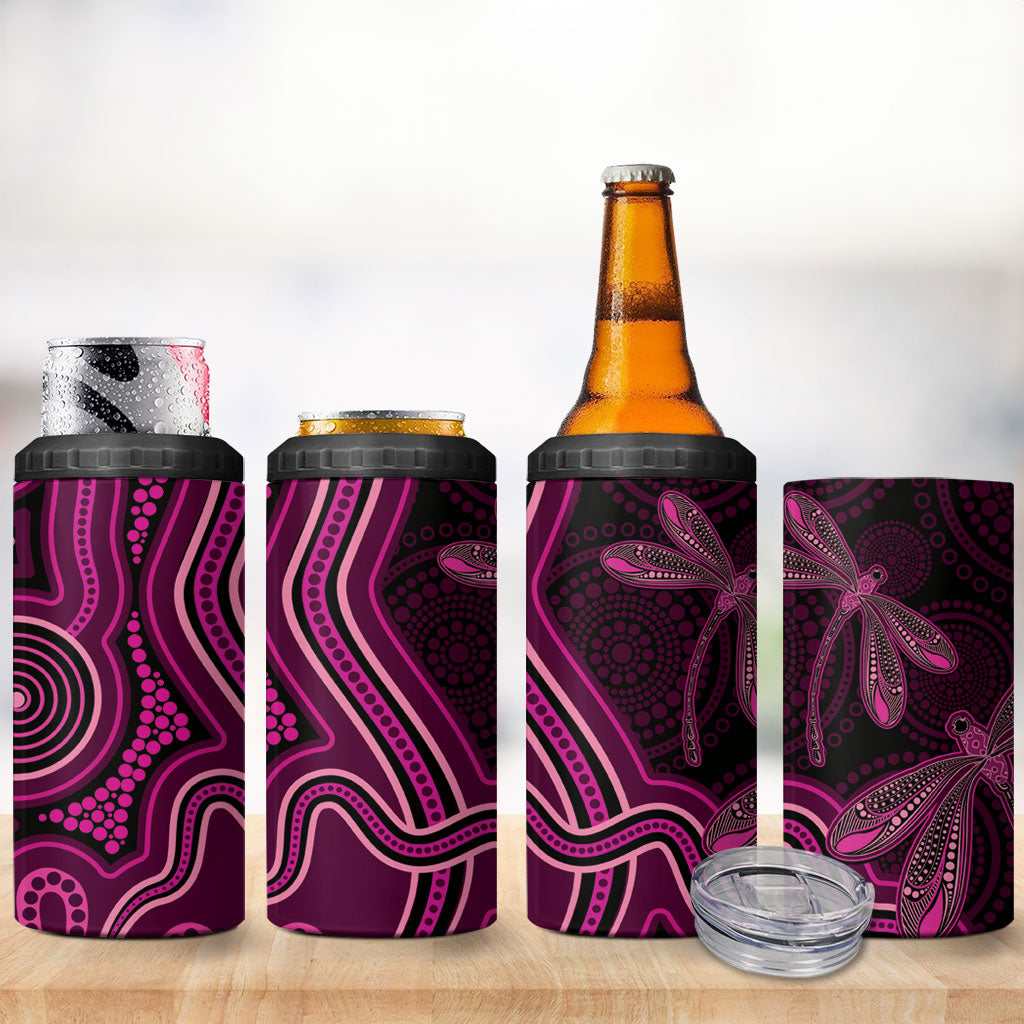 Australia Breast Cancer Support 4 in 1 Can Cooler Tumbler Pink Dragonflies Aboriginal Art
