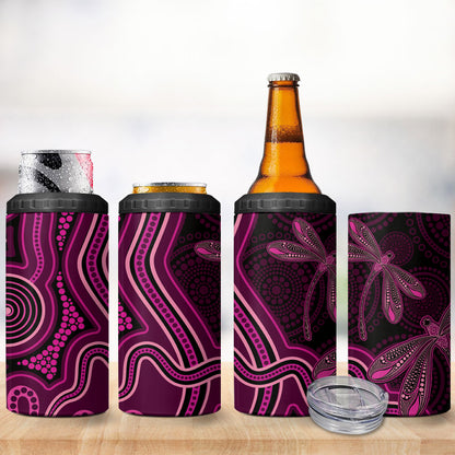 Australia Breast Cancer Support 4 in 1 Can Cooler Tumbler Pink Dragonflies Aboriginal Art