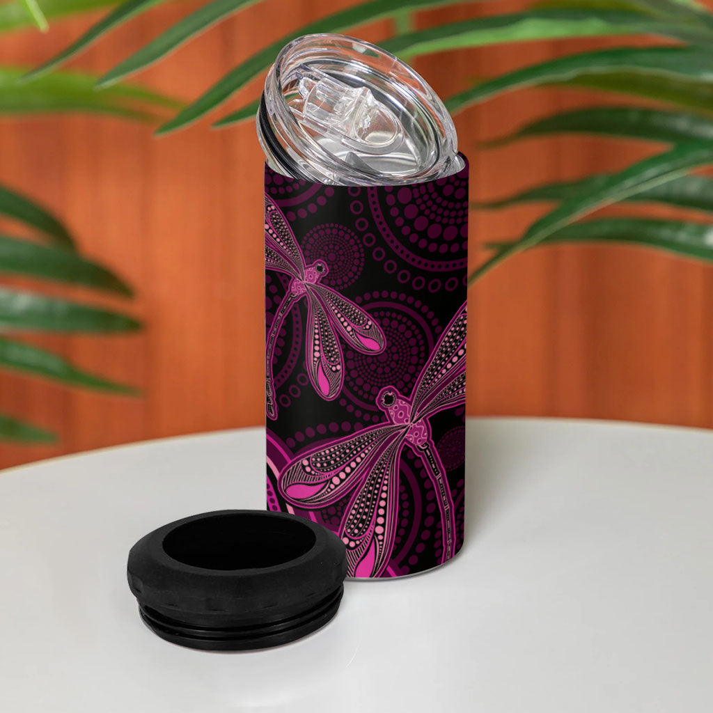 Australia Breast Cancer Support 4 in 1 Can Cooler Tumbler Pink Dragonflies Aboriginal Art
