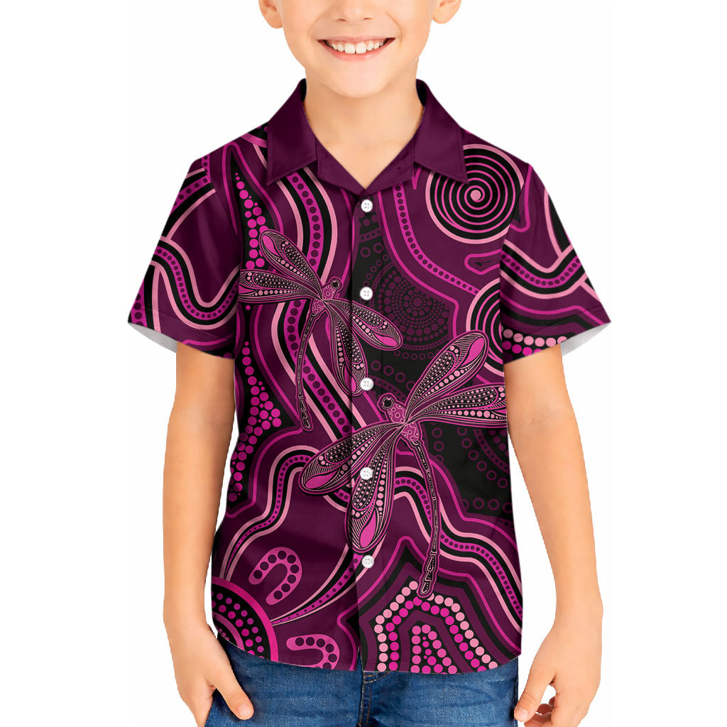 Australia Breast Cancer Support Kid Hawaiian Shirt Pink Dragonflies Aboriginal Art