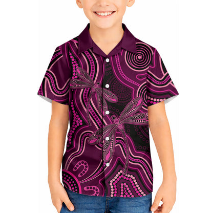 Australia Breast Cancer Support Kid Hawaiian Shirt Pink Dragonflies Aboriginal Art