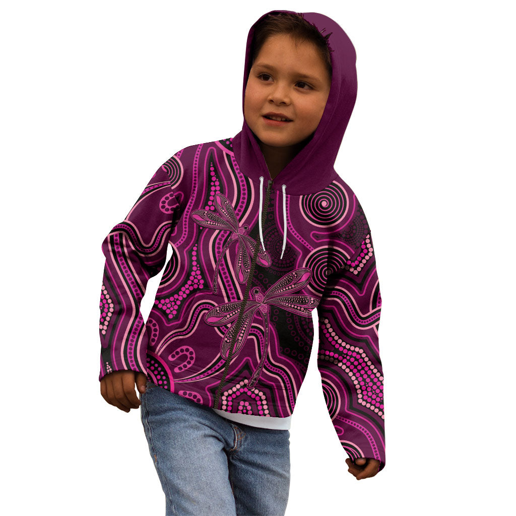 Australia Breast Cancer Support Kid Hoodie Pink Dragonflies Aboriginal Art
