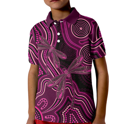 Australia Breast Cancer Support Kid Polo Shirt Pink Dragonflies Aboriginal Art