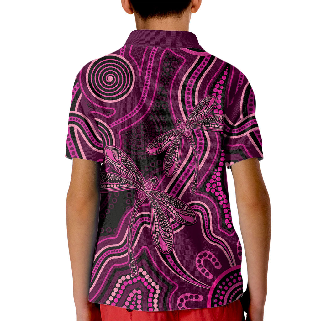 Australia Breast Cancer Support Kid Polo Shirt Pink Dragonflies Aboriginal Art