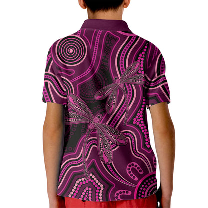 Australia Breast Cancer Support Kid Polo Shirt Pink Dragonflies Aboriginal Art