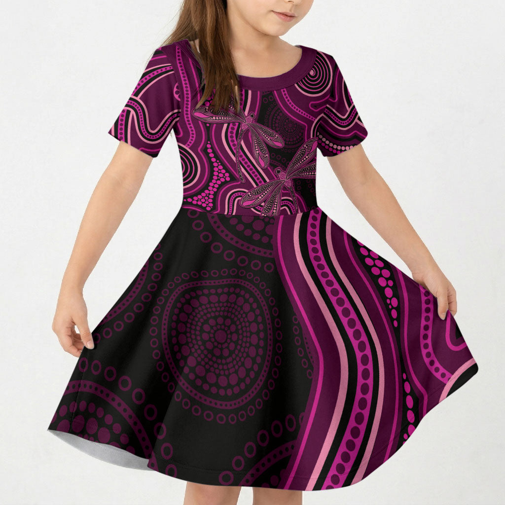 Australia Breast Cancer Support Kid Short Sleeve Dress Pink Dragonflies Aboriginal Art