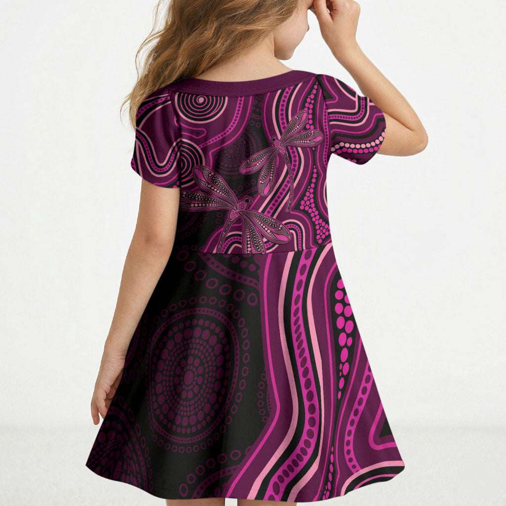 Australia Breast Cancer Support Kid Short Sleeve Dress Pink Dragonflies Aboriginal Art
