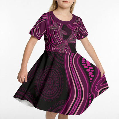 Australia Breast Cancer Support Kid Short Sleeve Dress Pink Dragonflies Aboriginal Art