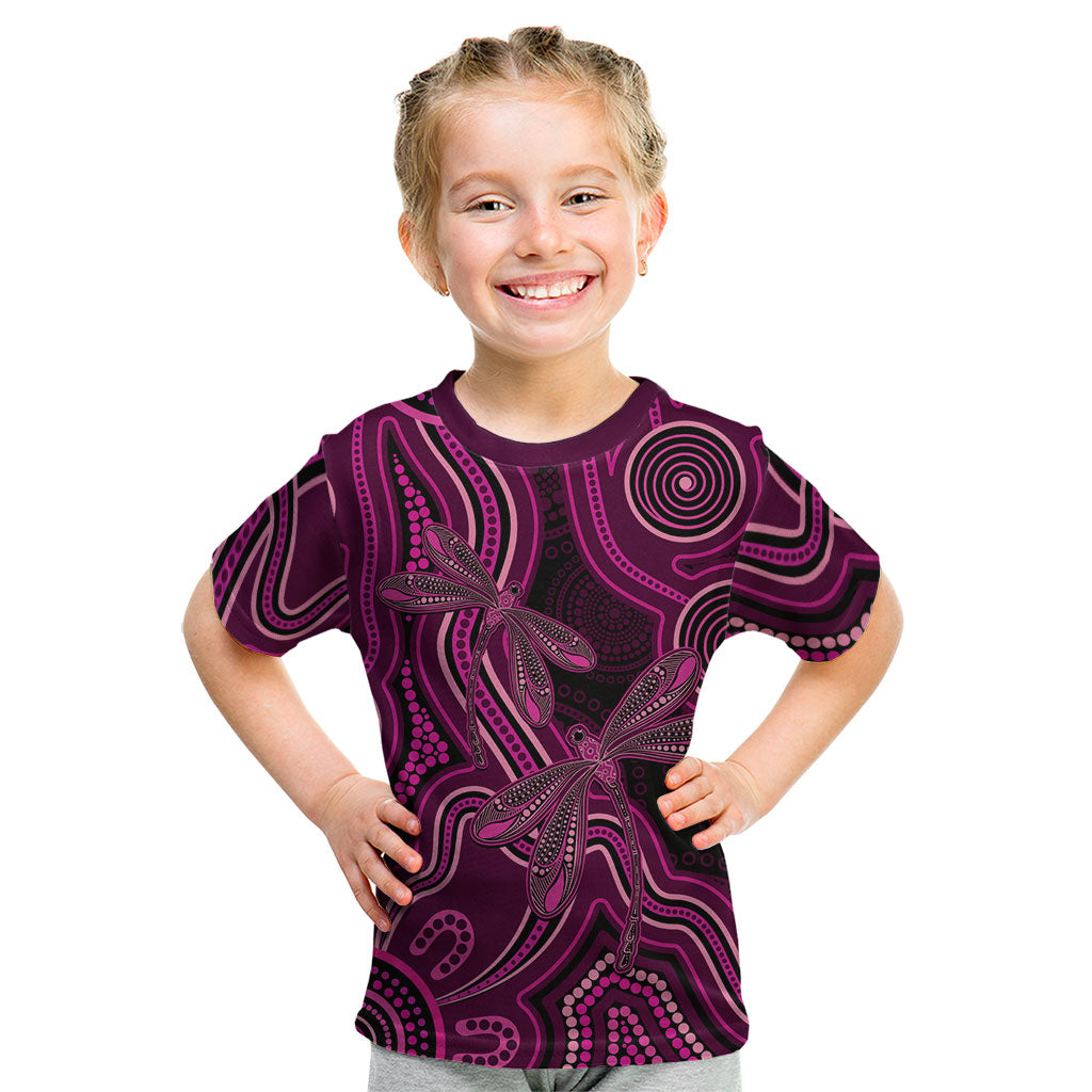 Australia Breast Cancer Support Kid T Shirt Pink Dragonflies Aboriginal Art