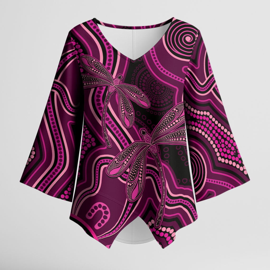 Australia Breast Cancer Support Kimono Sleeve Blouse Pink Dragonflies Aboriginal Art