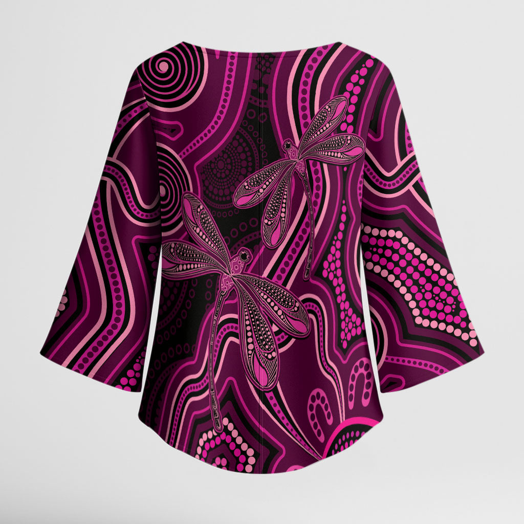 Australia Breast Cancer Support Kimono Sleeve Blouse Pink Dragonflies Aboriginal Art