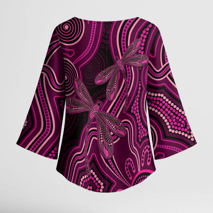 Australia Breast Cancer Support Kimono Sleeve Blouse Pink Dragonflies Aboriginal Art
