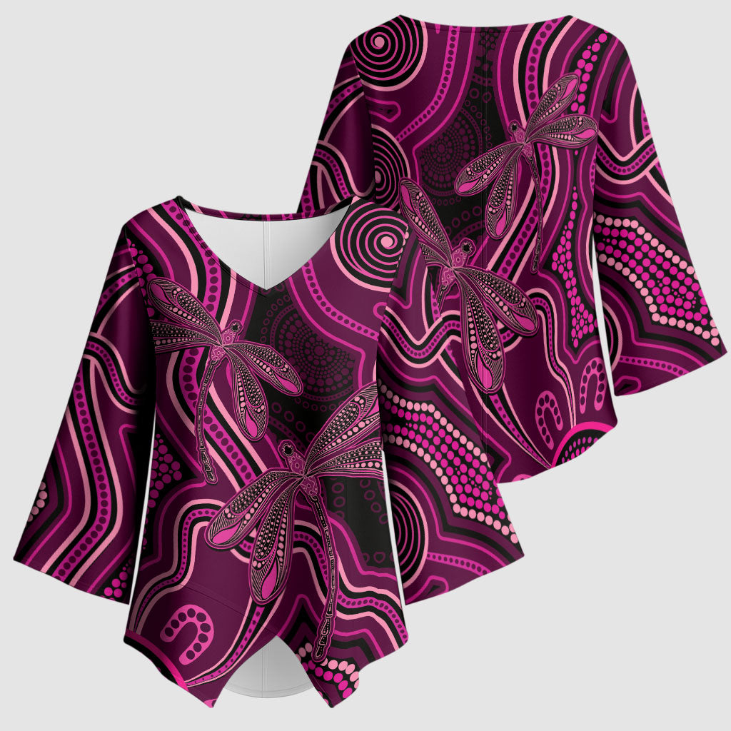 Australia Breast Cancer Support Kimono Sleeve Blouse Pink Dragonflies Aboriginal Art