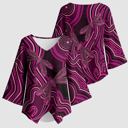 Australia Breast Cancer Support Kimono Sleeve Blouse Pink Dragonflies Aboriginal Art